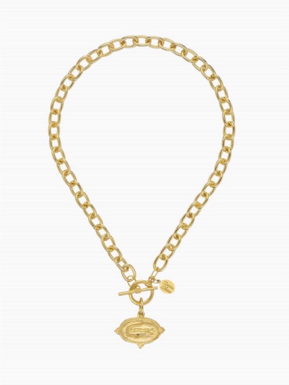 Chunky Gold Link Necklace with Sculpted Gator Pendant. Susan Shaw jewelry